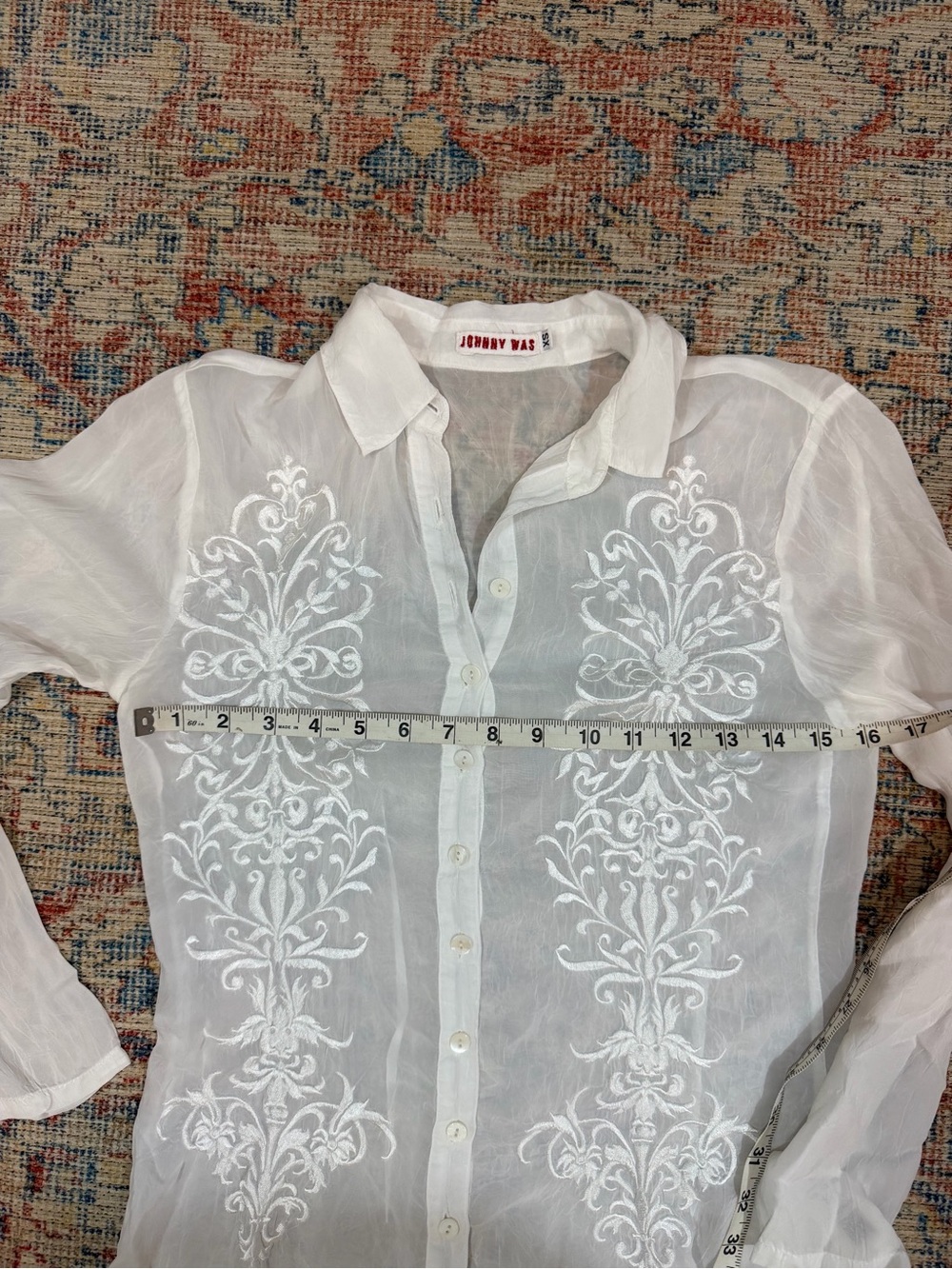 Johnny Was White Embroidered Button Front Boho Blouse Dainty XS Romantic Top - Picture 9 of 11